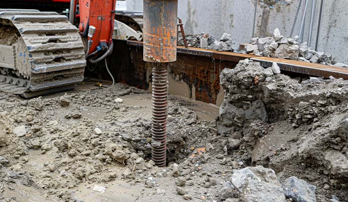 A excavator threaded steel anchor piling down into mud