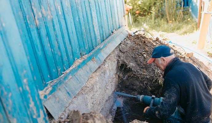 A person using a rotary hammer drill into a concrete foundation wall