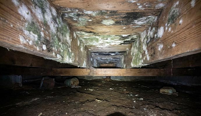 Crawl space mold growth on wood beams