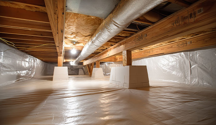A clean and brightly lit crawlspace after a complete professional encapsulation.