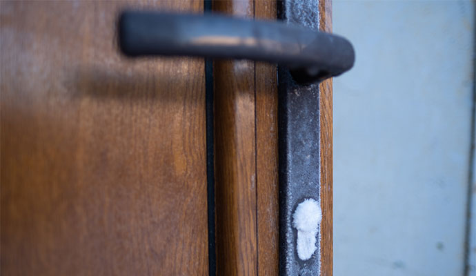 Close-up view of a wooden door handle and lock cylinder