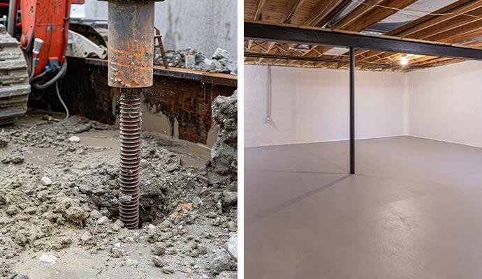Collage of basement foundation work in progress and basement area