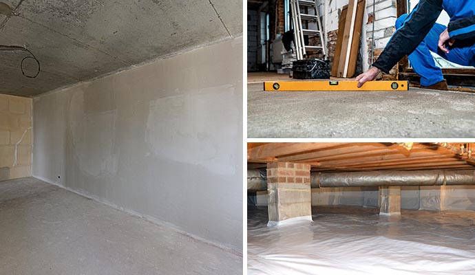Collage of crawl space repair basement white wall and encapsulated crawl space