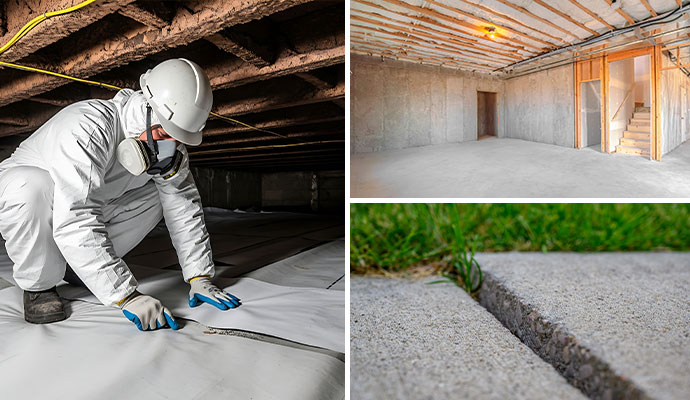 Collage of crawl space repair, concrete lifting and a repaired basement wall