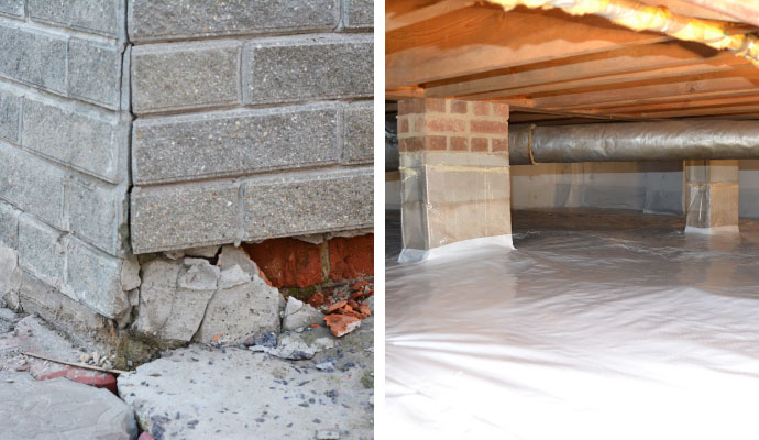 Collage of damaged foundation and crawl space
