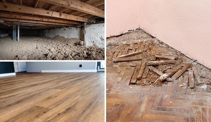 Crawl space collage featuring exposed beams, broken flooring and uneven planks Crawl space collage featuring exposed beams, broken flooring and uneven planks