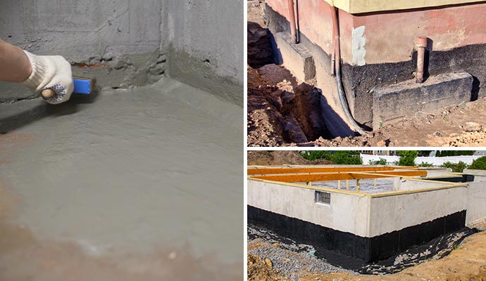 Collage of floor repair, home foundation stabilization, and repaired commercial foundation