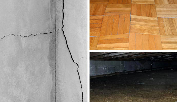 Collage of foundation cracks, sloping floors, and a dark, damp crawl space