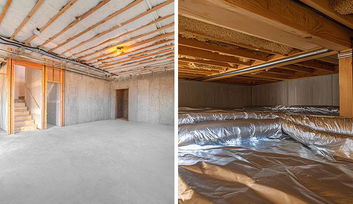 Collage of a basement foundation wall, floor and an encapsulated crawl space