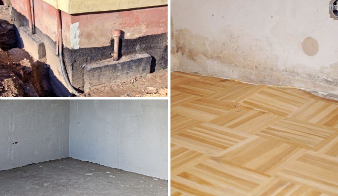 Collage of foundation stabilization service, foundation flooring and sloping floor