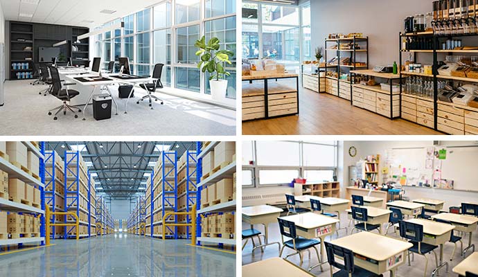 Collage of office space, retail stores, warehouses and Classroom