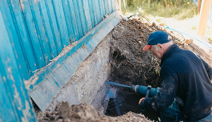 Contractor drilling into an exterior foundation wall for structural repair
