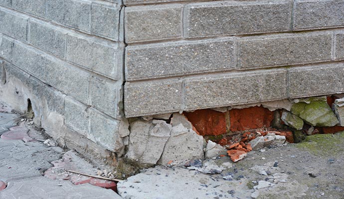 Cracked brick wall foundation