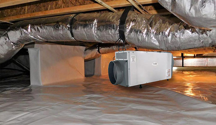 Heavy-duty dehumidifier installed in an encapsulated crawl space
