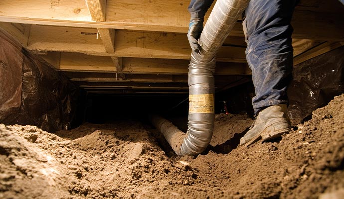 A worker maintaining silver flexible ductwork in a dark residential crawl space