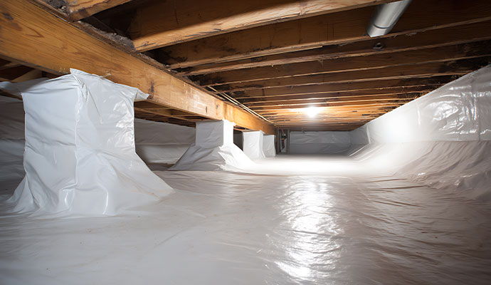 Crawl space encapsulation with vapor barrier