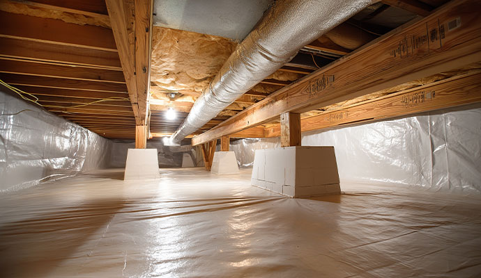 Encapsulated crawl space with piers and vapor barrier Encapsulated crawl space with piers and vapor barrier