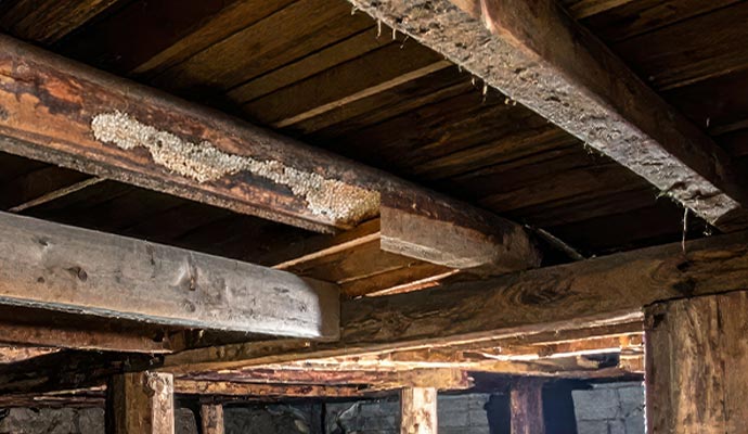 Crawl space with rotted wooden beams and visible mold growth
