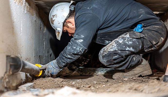 A technician working on utility pipes inside a residential crawl space
