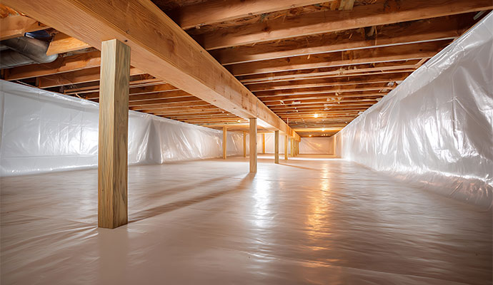 Crawl space fully encapsulated with a vapor barrier