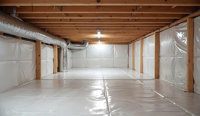 Clean encapsulated crawl space with a vapor barrier