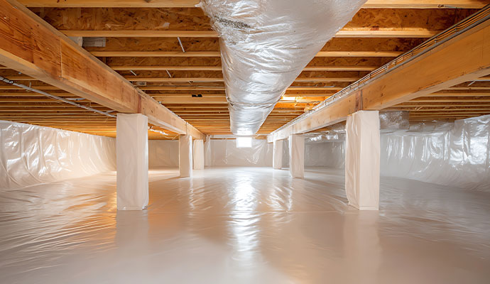 Clean and organized crawl space with a plastic vapor barrier covering the floor and walls