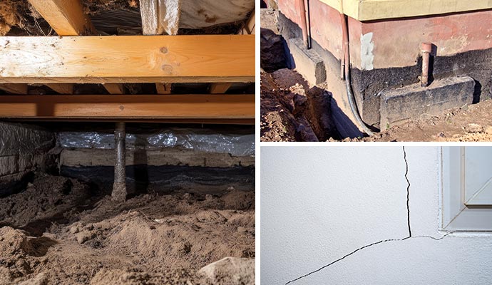 Collage of crawl space foundation, foundation settlement and cracked drywall