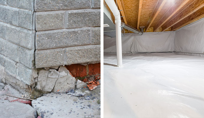 Collage of damaged foundation and waterproofed crawl space