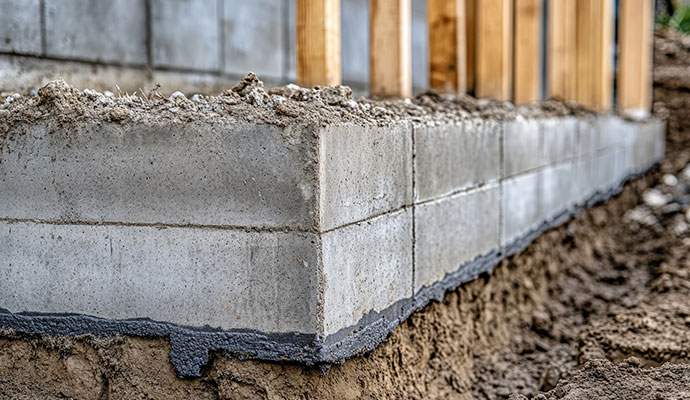 Concrete foundation corner with a fresh pour and excavation