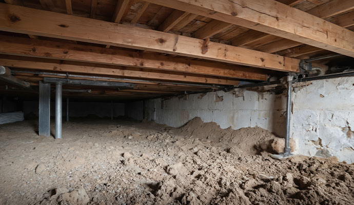 Crawl space interior with visible support posts and uneven dirt near foundation walls
