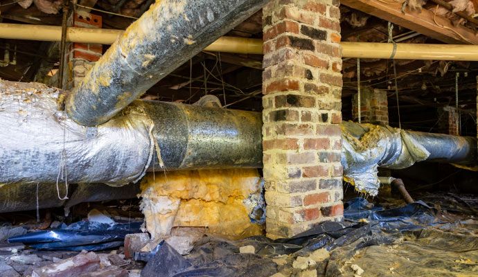 Dirty crawl space with visible moisture damage and unclean surfaces