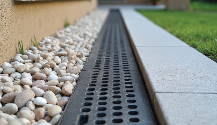 Exterior drainage matting system installed to prevent water accumulation