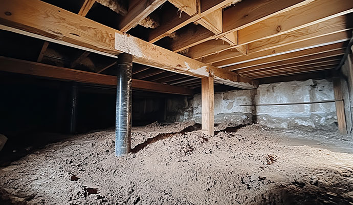 Crawl space with uneven dirt floor and support posts showing visible signs of soil settlement