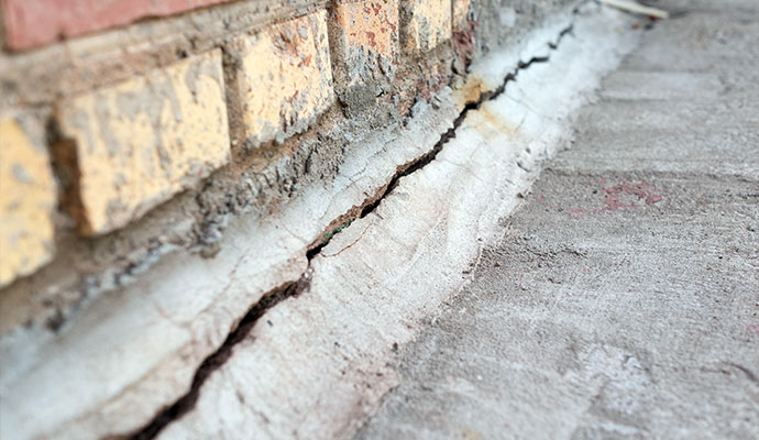 Horizontal crack visible along the foundation near a brick wall