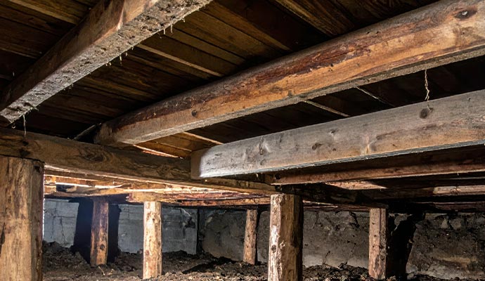 Damaged crawl space wood beam structure