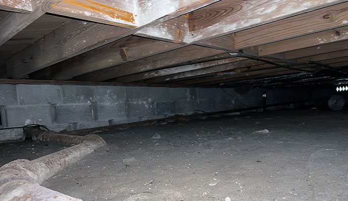 A dark and damp crawlspace with mold growing on the wooden floor joists