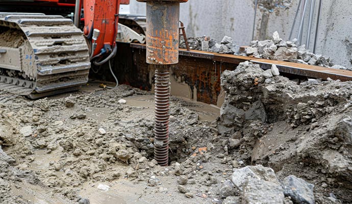 Heavy machinery installing a threaded steel foundation pier into muddy soil