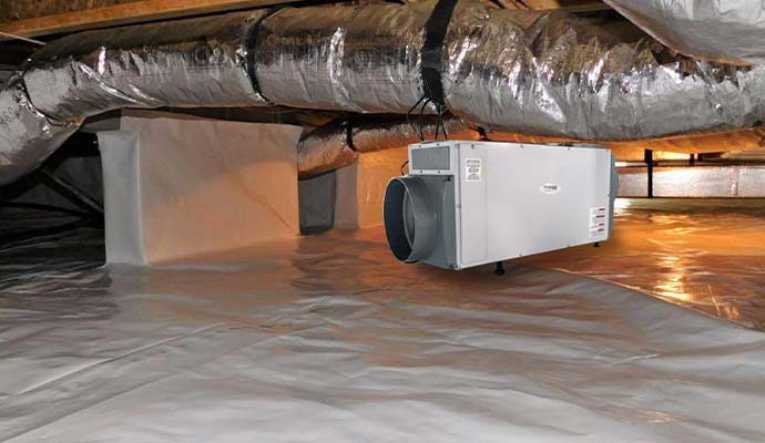 A professional dehumidifier unit installed in an encapsulated crawl space