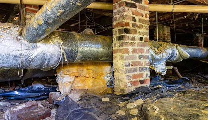 Dirty and damaged crawl space with debris and moisture issues