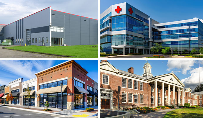Collage of warehouse, hospital, shopping center, and school