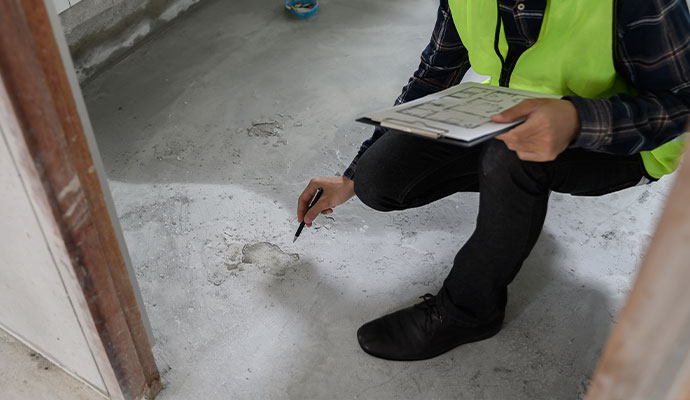 Specialist inspecting a construction floor and documenting observations