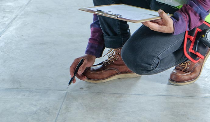 An inspector kneeling on a tiled floor while taking notes on a clipboard