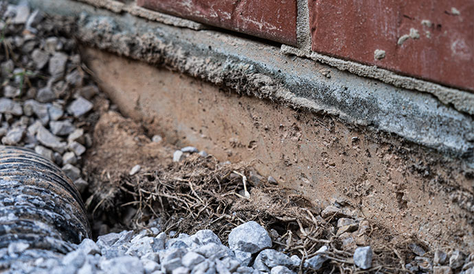 Close-up view of a house foundation showing visible soil erosion and gravel around the base