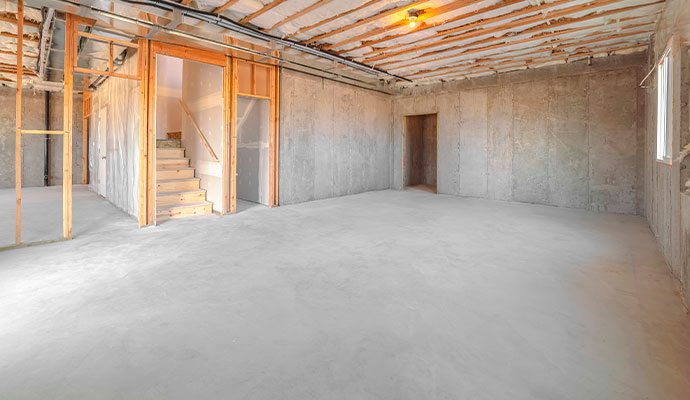 Unfinished basement featuring a bare concrete foundation floor and exposed walls