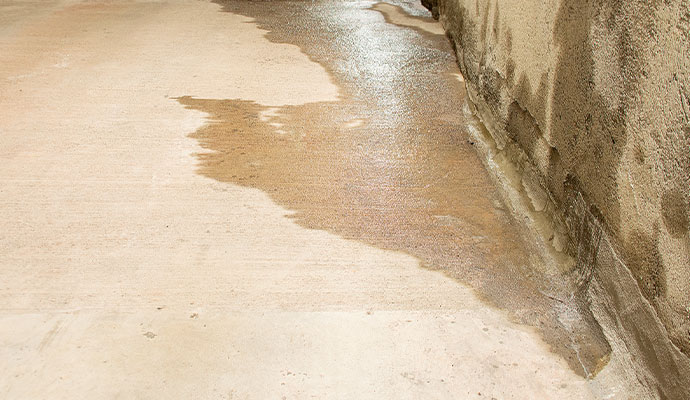 Water seepage and moisture damage visible along the base of a concrete floor near the wall