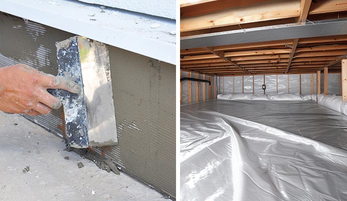 Side-by-side view of a technical foundation waterproofing application and a completed crawl space encapsulation project