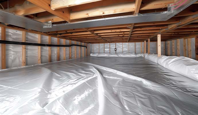 An interior view of a residential house crawlspace fully encapsulated with a thick vapor barrier