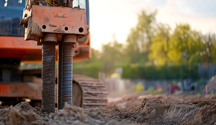 Excavator attachment drilling piles into soil