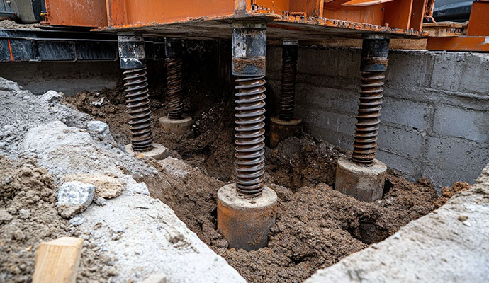 Helical screw piles supporting foundation structure