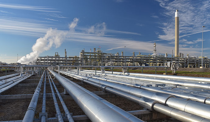 Large silver pipelines leading to an industrial oil refinery or chemical plant